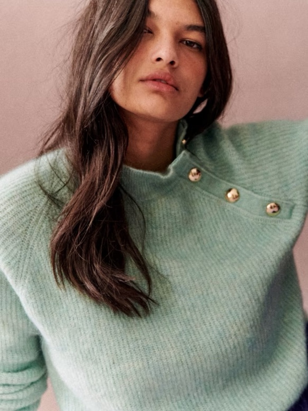 Sezane Trudy Kid Mohair Soft Knit Button-Shoulder Sweater in Sea Green (Mint) XS